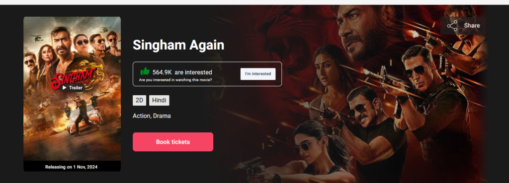 Singham again Ticket book now