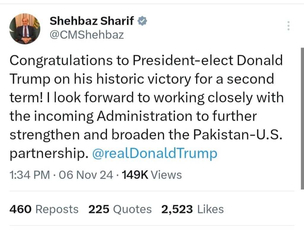 Pakistan Prime Minister Shahbaz Sharif congratulated Donald Trump